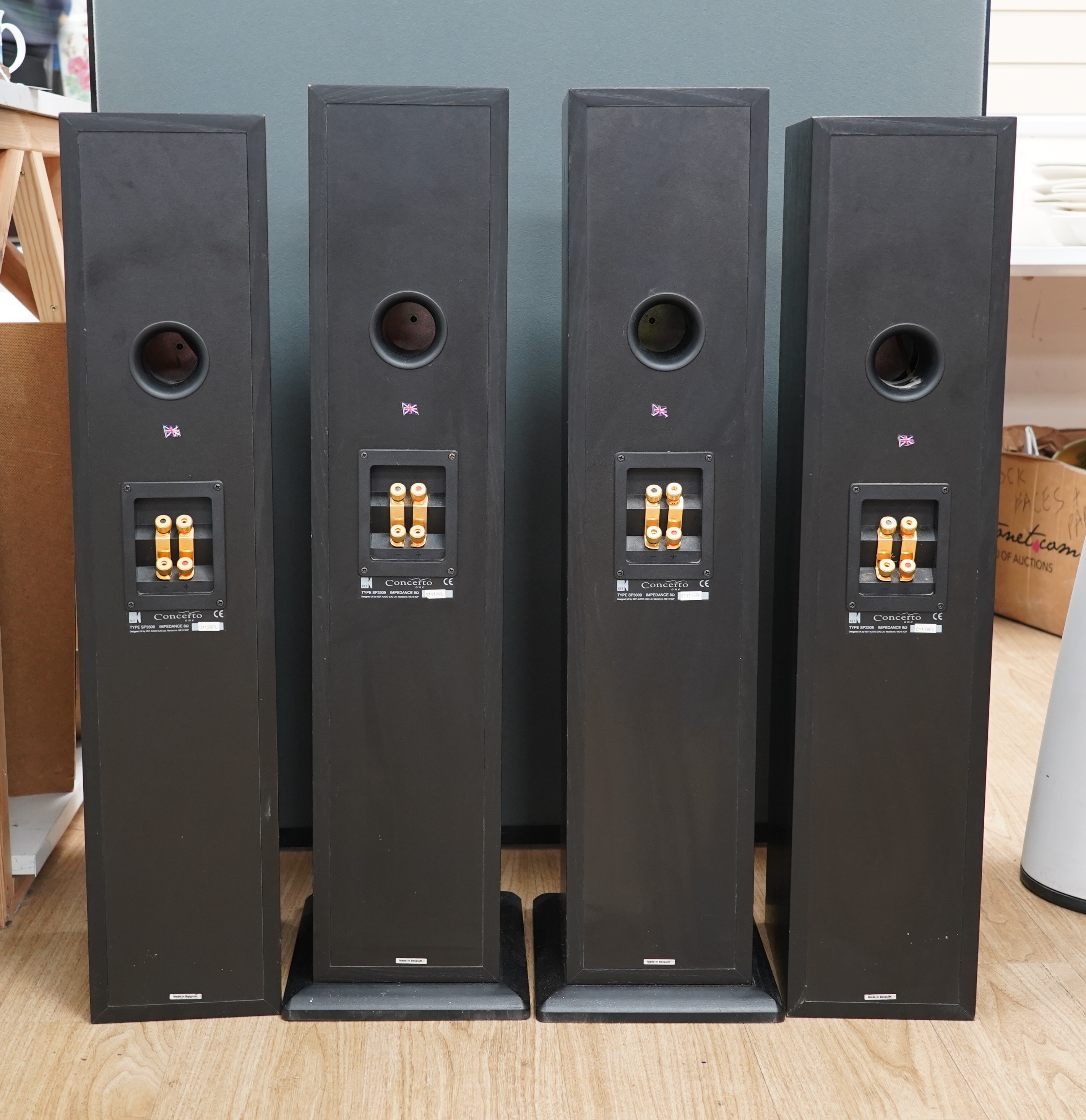 Four KEF Concerto SP3309 floor standing audio speakers, tallest pair 88cm high